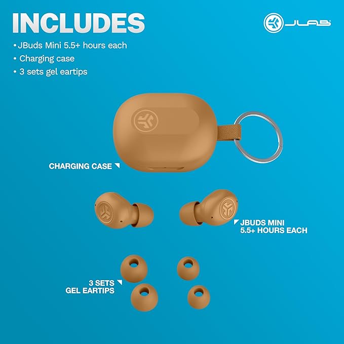 JLab JBuds Mini Tones True Wireless Bluetooth Earbuds + Charging Case (7572 W) IP55 Sweat and Dust Proof Bluetooth Multipoint Be Aware Audio 3 EQ Sound Settings Crystal Clear Calls