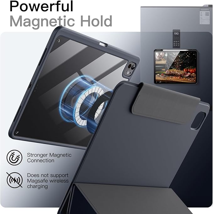 JETech Magnetic Detachable Case for iPad Pro 13-Inch M5/M4 (2025/2024) with Pencil Holder Removable Rotating Clear Cover Portrait/Landscape Stand with Raised Screen View (Grey)