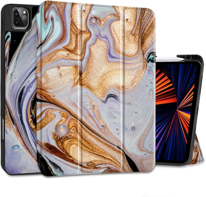 DONGKE Case for 2022/2021/2020/2018 iPad Pro 11 inch Gen 4/3/2/1 - Slim Protective Case - Built in Pencil Holder Support Charging - Trifold Stand &amp Sleep/Wake Cover- Black Marble