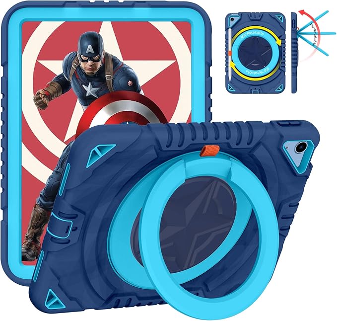 XZC Case for iPad (A16) 11th Generation 11 Inch 2025/ iPad 10th Generation 10.9 Inch 2022 Heavy Duty Shockproof Rugged Cover with Rotating Stand/Pencil Holder/Carrying Shoulder Strap (Blue 1)