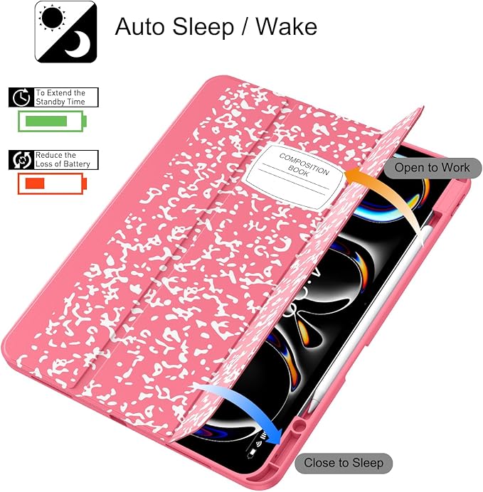Soke Case for New iPad Pro 13 Inch (M5/M4 2025/2024 Release) with Pencil Holder Trifold Stand Shockproof [Support Apple Pencil Charging + Auto Wake/Sleep] Soft TPU Back Cover Book Watermelon