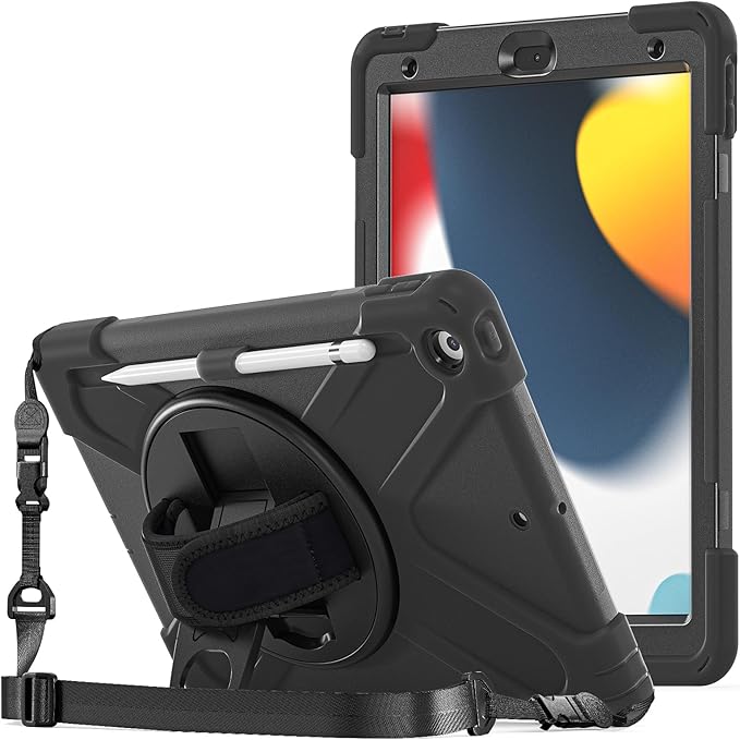 ProCase Rugged Case for iPad 9th/ 8th/ 7th Generation 10.2 (2021/2020/2019) Heavy Duty Shockproof Protective Cover with Strap for iPad 9/8/7 -Black