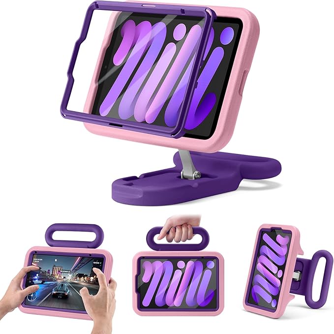 Kids Case for iPad mini 7 (A17 Pro) 2024 / iPad mini 6 2021 Adjustable Portrait/Landscape Stand Drop Proof Handle Kickstand Child Friendly with Screen Protector for iPad mini7th/6 8.3 inch(Pink)