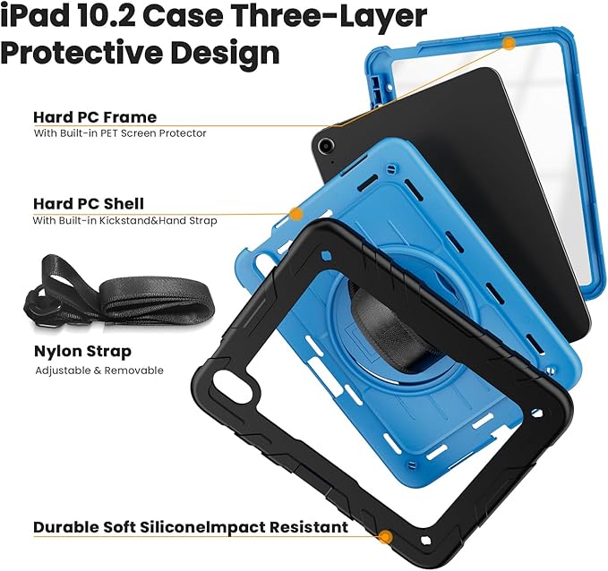 Case for iPad 10th Generation 10.9inch 2022with Built-in Screen Protector and KickstandHand StrapShoulder Strap for New Apple iPad 10.9 Inch(Black/Blue)