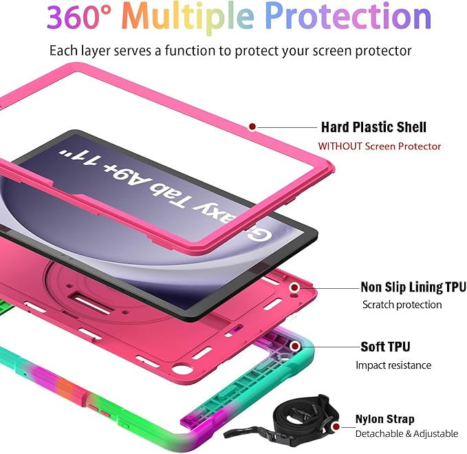 BMOUO CASE for Samsung Galaxy Tab A9+ Plus Case 11 2023 (SM-X210/X216/X218) Shockproof Galaxy Tab A9 Plus Case with Rotating Stand and Hand/Shoulder Strap Magenta
