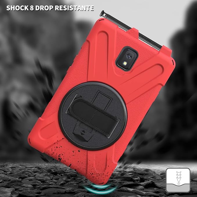 Case for Samsung Galaxy Tab Active 3 8 T570 T575 T577 Heavy Duty Shockproof Rugged 3 Layer Kids Durable Case with 360 Swivel Kickstand Shoulder Strap &amp Hand Strap (Red)