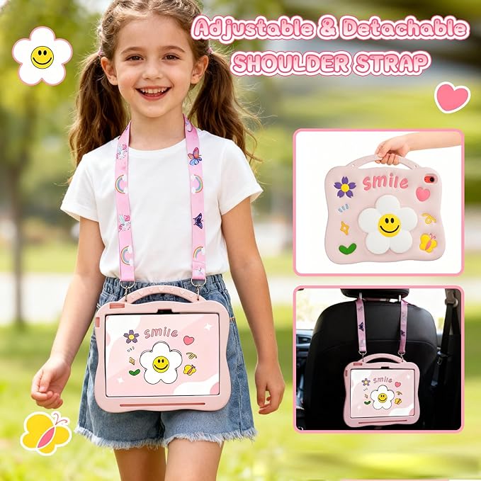 Kids Case for iPad （A16） 11th Generation 11 inch 202510th Generation 10.9‘’ 2022 3D Cute Silicone Cover with Sunflower Kickstand Adjustable Shoulder Strap &amp Pencil Holder for Girls -Pink