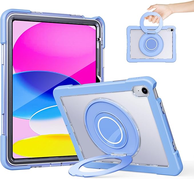 Case for iPad (A16) 11th /10th Generation 11 Inch 2025/10.9 inch 2022with Screen Protector360 Rotating Metal StandClear BackHeavy Duty Shockproof for Kids Case Blue