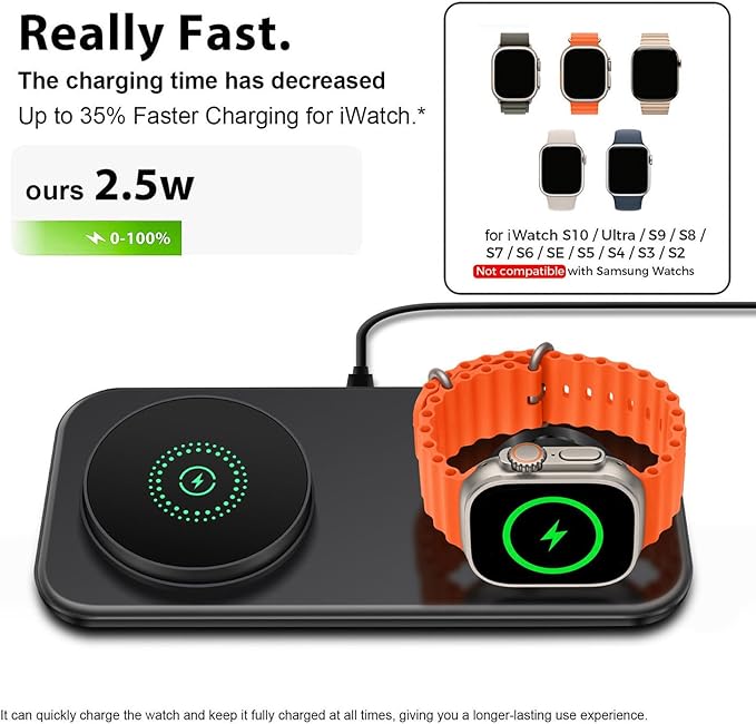 2 in 1 Wireless Charging Station for Mag-Safe Magnetic Wireless Charger Pad 15W Fast Charge for iPhone 17 Pro Max/17 Air/16/16 Plus/15/14/13/12AirPods Pro 3Apple Watch SeriesBlack