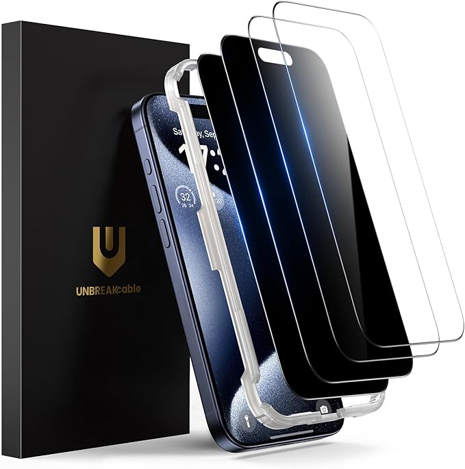 UNBREAKcable 4PCS Screen Protector for iPhone 15 Pro - 2 Privacy Tempered Glass+2 Clear Glass Double Shatterproof [Installation Frame] [9H Hardness] [Case Friendly] Anti-Scratch for iPhone 6.1 inch