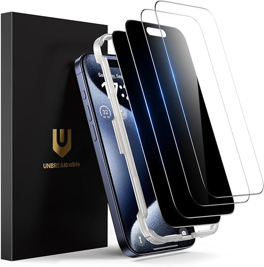 UNBREAKcable 4PCS Screen Protector for iPhone 15 Pro - 2 Privacy Tempered Glass+2 Clear Glass Double Shatterproof [Installation Frame] [9H Hardness] [Case Friendly] Anti-Scratch for iPhone 6.1 inch