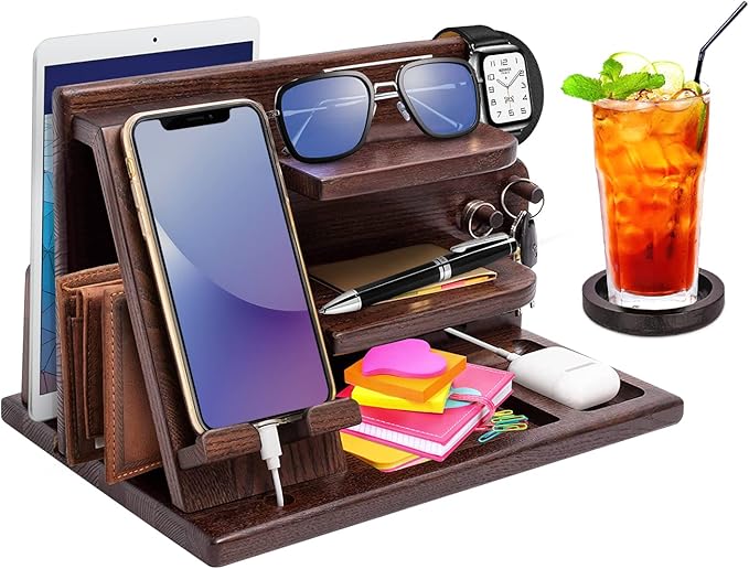Wood Phone Docking Station - Gifts for Men Desk or Nightstand Organizer - Birthday Gifts for Husband Fathers Day for Dad - Anniversary Idea from Wife - Key Holder Stand Wallet Watch &amp Essential