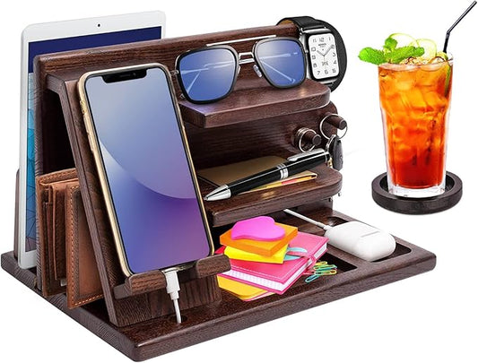 Wood Phone Docking Station - Gifts for Men Desk or Nightstand Organizer - Birthday Gifts for Husband Fathers Day for Dad - Anniversary Idea from Wife - Key Holder Stand Wallet Watch &amp Essential