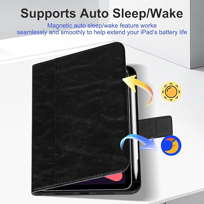 Genuine Leather Case for Ipad (A16) 11th Gen 11 inch 2025 and Ipad 10th Gen 10.9 inch 2022 with Pencil Holder Protective Shockproof Smart Folio Cover Adjustable StandAuto Wake/Sleep Black