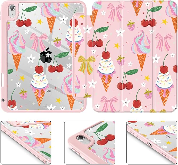 Case for iPad Air 11'' (M4 2026/M3 2025/M2 2024)/ iPad Air 10.9'' Air 5th /4th Gen Shockproof Cover with Clear Back Shell &amp Penceil Holder Auto Wake/Sleep Stand Cover Ice Cream-Bows-Pink