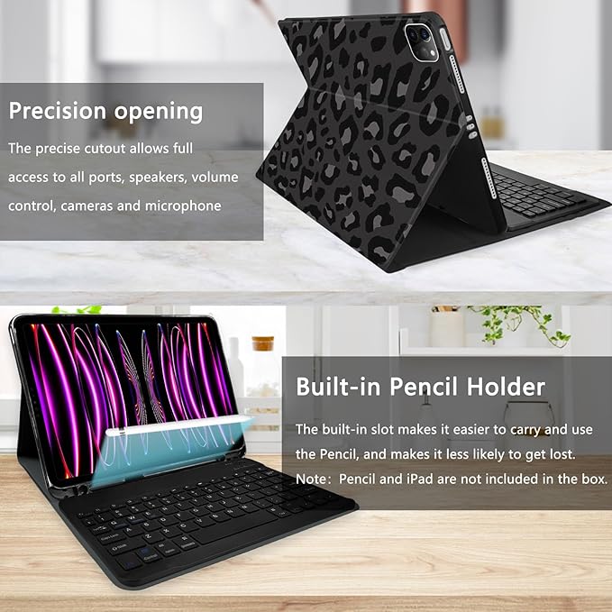TopPerfekt for iPad Pro 11 4th/3rd/2nd/1st Gen (2022/2021/2020/2018) Keyboard Case Magnetically Absorbent Auto Sleep/Wake Support 2nd Gen Pencil Wireless Charge with Pencil Holder - BlackLeopard2