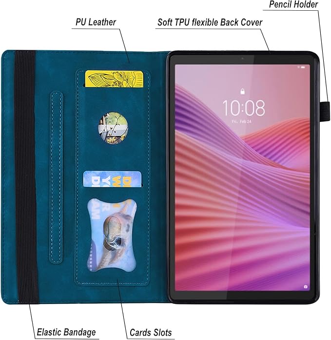 Shockproof Case for Lenovo Tab One 8.7 inch 2025 Model - Retro PU Leather + TPU Hybrid Protective Cover with Anti-Slip Grip Strap &amp Card Slots -Peacock Blue