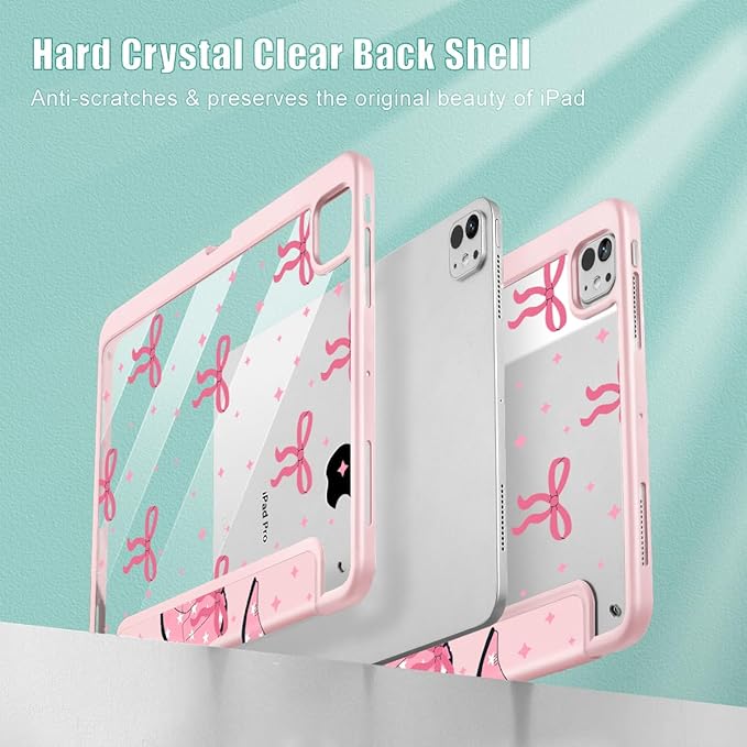 May Chen Case for iPad Pro 11-Inch M5/M4 2025/2024 (6th/5th Generation) [Penceil Holder] Trifold Stand Auto Wake/Sleep Clear TPU Protection Back Cover Pink Boots Bows