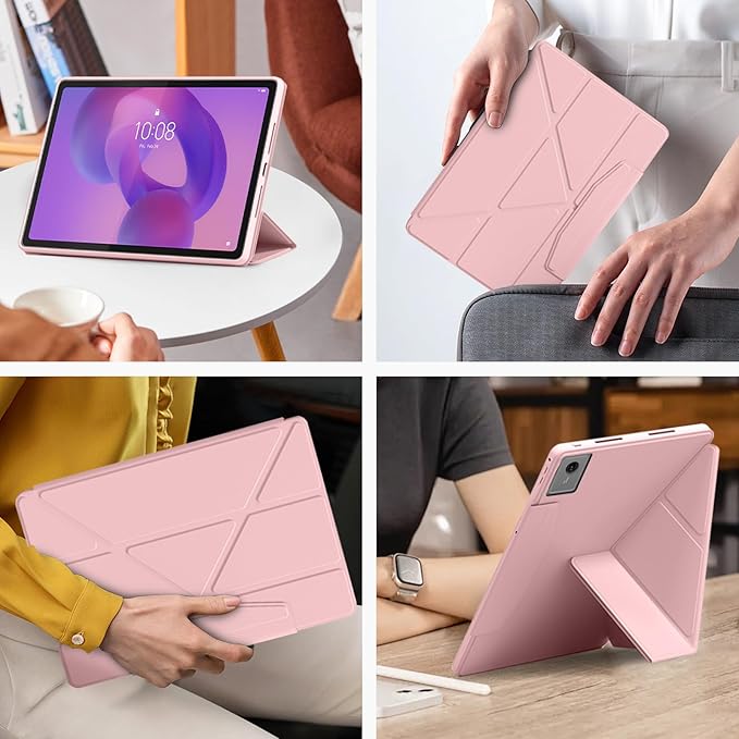 Case for Lenovo Idea Tab Plus 12.1 Inch – Multi-Angle Stand PU Leather Soft Cover with Hidden Pencil HolderSlim Lightweight Back Protective Folio Case ShockproofAnti-Scratch[Pink]