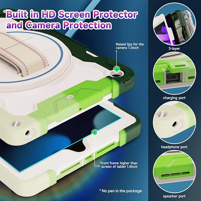 for iPad 9th 8th 7th Generation Case iPad 10.2 inch with HD Screen Protector 360 Rotating Kickstand/Hand Strap Shoulder Strap Heavy Duty Military Grade - Kids Friendly