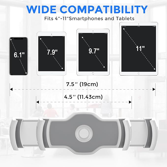 AboveTEK Tablet Stand Holder Stylish Aluminum iPad Stands Foldable 360° Swivel iPad iPhone Table Stand Holder fits 4-11 Tablets/Smartphones for Kitchen Bedside Office POS Showroom Reception (White)