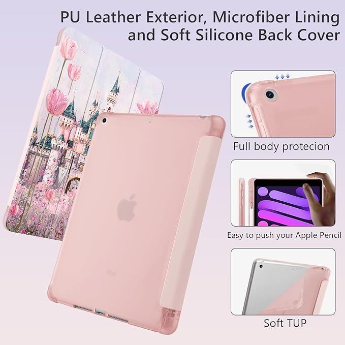 Cute Flower Castle for iPad Air 3 Case with Pencil Holder Auto Sleep/Wake Pink Leather Soft TPU Back Cover for iPad Pro 10.5 Inch 2017