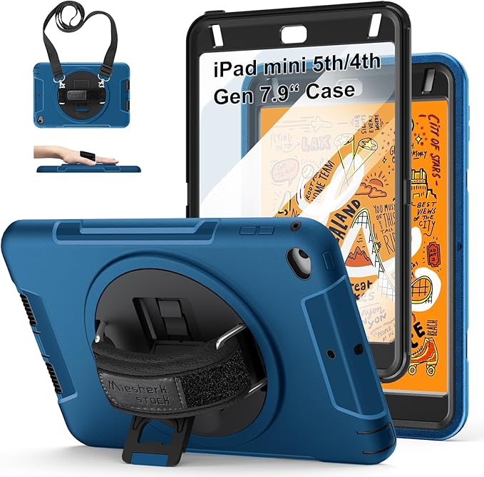 Case for iPad mini 5/4 7.9 INCH: TPU Cover for iPad mini 5th/4th Generation 7.9 Inch 2019/2015 with- Screen Protector- Stand- Handle- Shoulder Strap- Pencil Holder- Blue