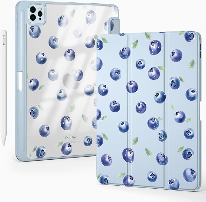 Cute Blueberry for iPad (A16) 11th Generation Case 11 Inch 2025 for iPad 10th Gen Case 10.9 Inch 2022 with Pencil Holder Auto Sleep/Wake Blue Leather Clear Acrylic Back Cover