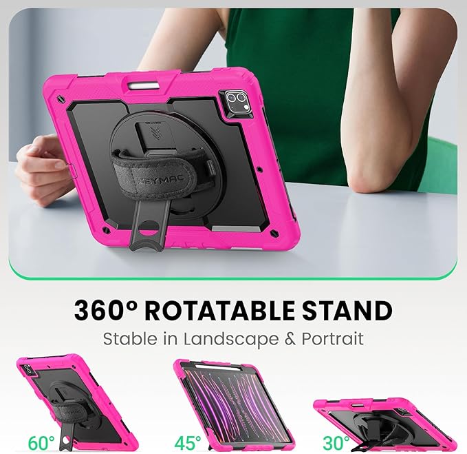 SEYMAC Kids Case for iPad Pro 12.9 2022/2021/ 2020/2018 Heavy Duty Protection Shockproof Case with Screen Protector 360° Rotating Stand/Handle/Shoulder Strap Supports Pencil 2 Charging Pink