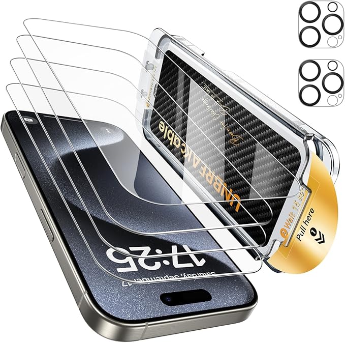 UNBREAKcable for iPhone 15 Pro Screen Protector 4+2 Pack [9H+ Military-Grade Shatterproof] [Effortless Bubble-Free Installation] Ultra HD Clarity Tempered Glass with Lens Protector Case friendly