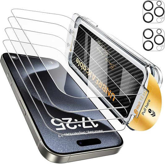 UNBREAKcable for iPhone 15 Pro Screen Protector 4+2 Pack [9H+ Military-Grade Shatterproof] [Effortless Bubble-Free Installation] Ultra HD Clarity Tempered Glass with Lens Protector Case friendly