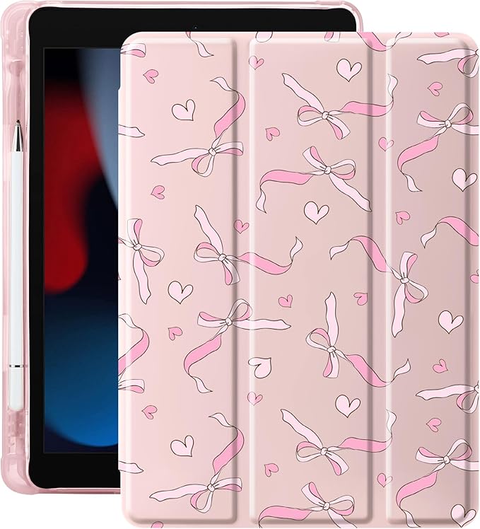 Idocolors Case for iPad 11 inch (A16 Chip) 2025 Generation 11th / iPad 10.9 inch 2022 10th Gen Built-in Pencil Holder with Soft TPU Shockproof Back Shell Auto Wake/Sleep Pink Bow-Pink