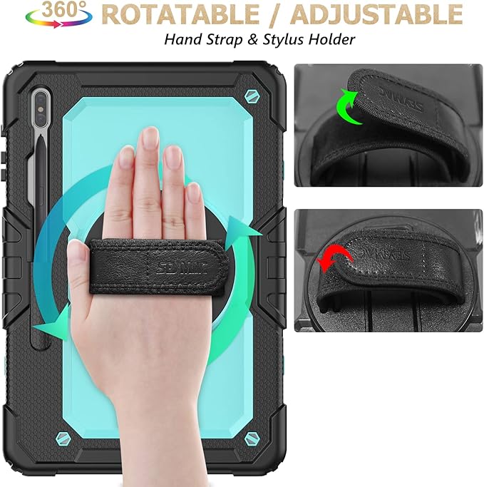 SEYMAC stock Case for Samsung Galaxy Tab S7 FE / S8 Plus 5G Case 12.4'' with Screen Protector Pencil Holder [360 Rotating Hand Strap] &ampStand Drop-Proof SkyBlue/Black