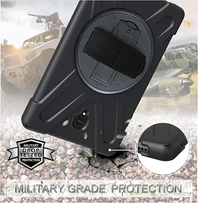 Rugged Case for Samsung Galaxy Tab A 10.5 2018 (SM-T590/T595/T597) Portable Hybrid Shock-Proof Cover with 360° Rotatable Hook&ampLoop HandleShoulder Strap (Black)