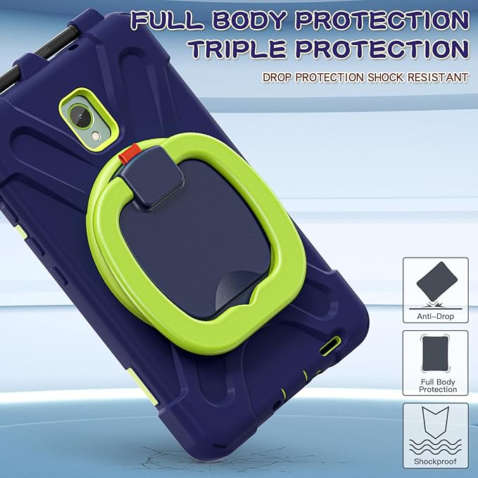 Rugged Case for Samsung Galaxy Tab Active5 5G (SM-X306B/X300) w/ 360° Rotating Hanging Ring Handle Grip Kickstand Heavy Duty Shock-Proof Armor Cover w/Shoulder Strap Stylus Holder(Navy+Lime)