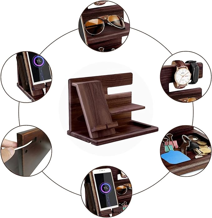 Gifts for Men Bedside Organiser Wood Phone Docking Station Dad Birthday Gifts for Him Nightstand Key Wallet Watch Stand Mens Gifts for Xmas Presents for Dad Husband Boyfriend Anniversary &amp Christm