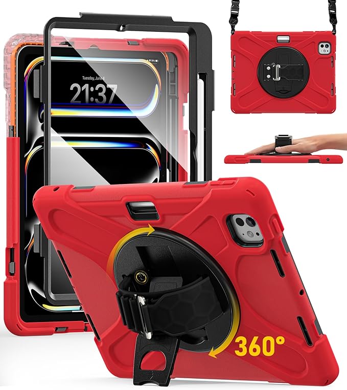 BRAECN Case for iPad Pro 11 inch M5 2025 &amp M4 2024 4 Layers Heavy Duty Full-Body Protection Screen Protector Pencil Holder 360° Rotating Handle Kickstand Shoulder Strap Kids Friendly