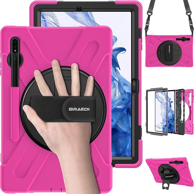 BRAECN for Samsung Galaxy Tab S10 Plus Case 2024/S9 Plus/S9 FE+/S8 Plus/S7 Plus /S7 FE 12.4 InchHeavy Duty Shockproof Case with S Pen Holder&amp360 Rotating Hand Strap/Kickstand Shoulder StrapPink