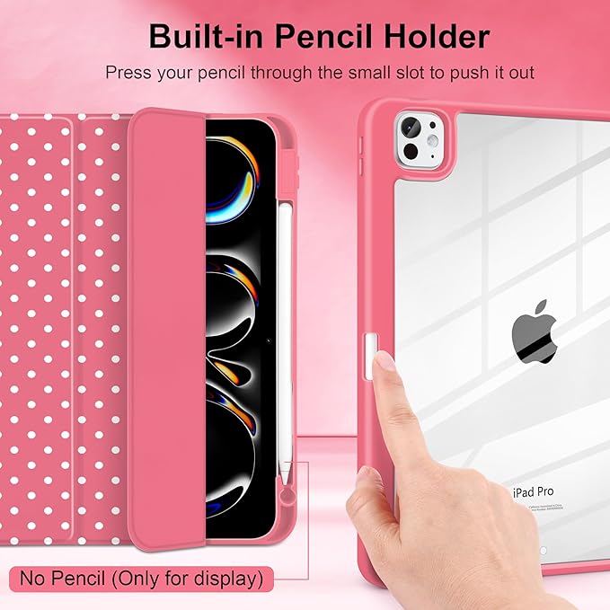 Case for iPad Pro 11 Inch (M5 2025 M4 2024) – [Built-in Pencil Holder] Shockproof &amp Stylish Clear Hard Back + Soft TPU Edge Magnetic Trifold Stand Auto Wake/Sleep Rose red White dot