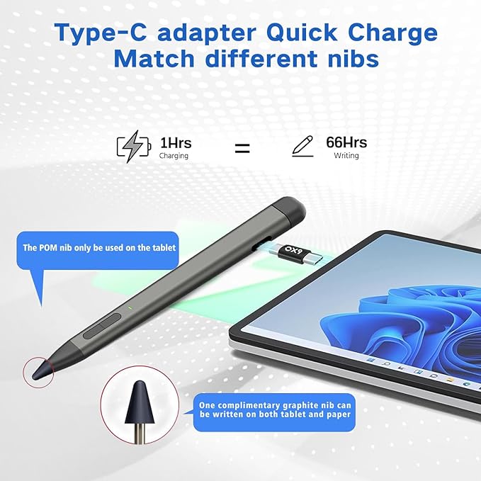 Slim Pen 2 for Microsoft Surface with 4096 Pressure Eraser &amp Right-Click Palm RejectionGraphite Nibfor Surface Pro 12/11/10/9/8/7/6/5/4/XSurface Go 4/3/2Book 3/2/1Laptop1-6Surface Studio 2