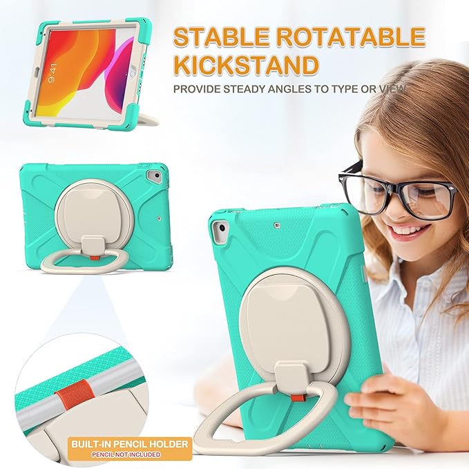 BRAECN Silicone Case for 9.7 Inch iPad 6th/5th Generation Full-Body Protective Case with 360° Rotating&amp180 ° Folding Hand GripPencil Holder Kickstand Shoulder Strap for iPad 6th/5th Gen-Mint G