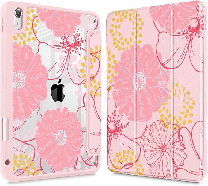 May Chen Case for iPad Air 13 Inch M4 2026 M3 2025 M2 2024 [Built-in Pencil Holder] Shockproof Cover with Clear Transparent Back Shell Auto Sleep/Wake Cover Pink Flowers