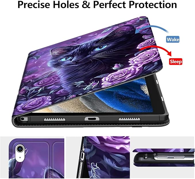 Case for iPad (A16) 11th Generation 11 Inch 2025/10th Generation 10.9 Inch 2022 PU Leather Smart Protective Cover with Auto Sleep/Wake for iPad 11/10 GenBlack Cat Purple Roses