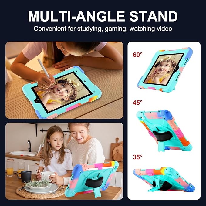 for iPad 6th Generation/iPad 5th Gen/iPad Air 2/iPad Pro 9.7 Case with Cute Key Chain Rugged Protective Case with Rotating Stand &amp Shoulder Hand Strap for iPad 6th/5th/ Air 2 (Rainbow Aqua)