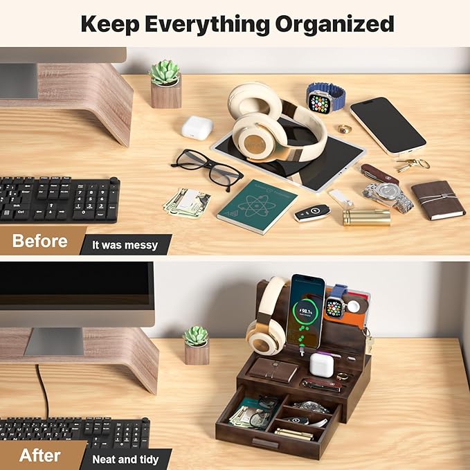 Phone Docking Station for Men: Desk or Nightstand Organizer with Drawer Birthday Gifts for Husband Dad BoyfriendHim Wooden Charging Station for Phone Watch Key Holder Wallet (Reddish Brown)