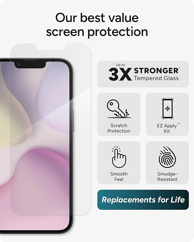 ZAGG Glass+ Screen Protector for iPhone 17e/ 16e/ 14/13/ 13 Pro - 3X Shatter Protection High Scratch Resistance Oil-Resistant Reinforced Edges InvisibleShield Easy Install