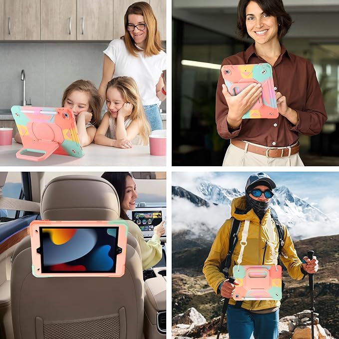 Case for iPad 9th Generation (2021) /iPad 8th Gen (2020)/iPad 7th Gen (2019) Military Grade Shockproof iPad Case Built-in 360°Rotating Stand/Pen Slot/Shoulder Strap for iPad 10.2 (Rainbow Pink)