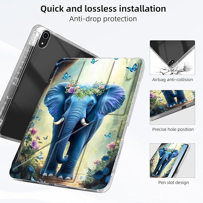 for iPad mini 7 A17 Pro 2024/iPad Mini 6 2021 Case with Pencil HolderFoldable Y-Shaped CoverStylish Clear Multi-Angle Viewing&ampAuto Sleep/Wake Blue Elephant with Flower Tablet Case