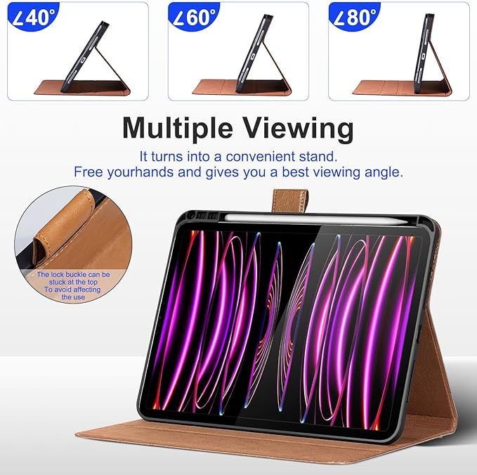 Case for iPad Pro 11 Inch4th/3rd/2nd/1st Generation(2022/2021/2020/2018) Genuine Leather Cover with Pencil HolderCowhide Folio CoverAuto Sleep/Wake Magnetic ClosureBrown