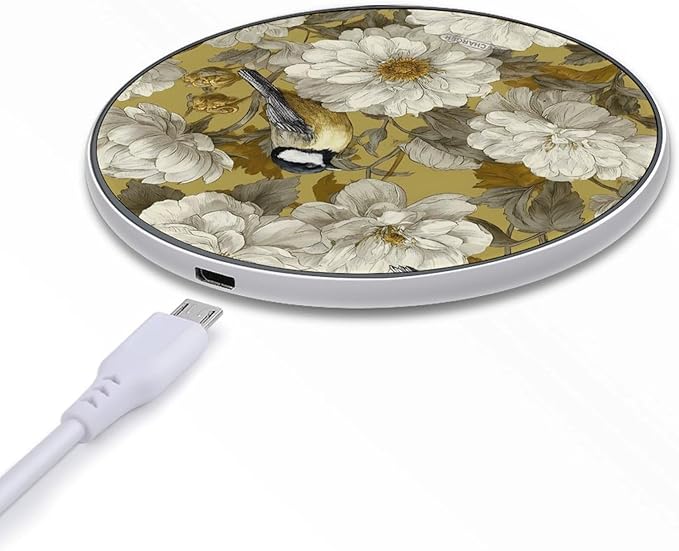 Bird Peony Flowers Phone Charger Magnetic Charging Pad Anti-Slip with USB Cable